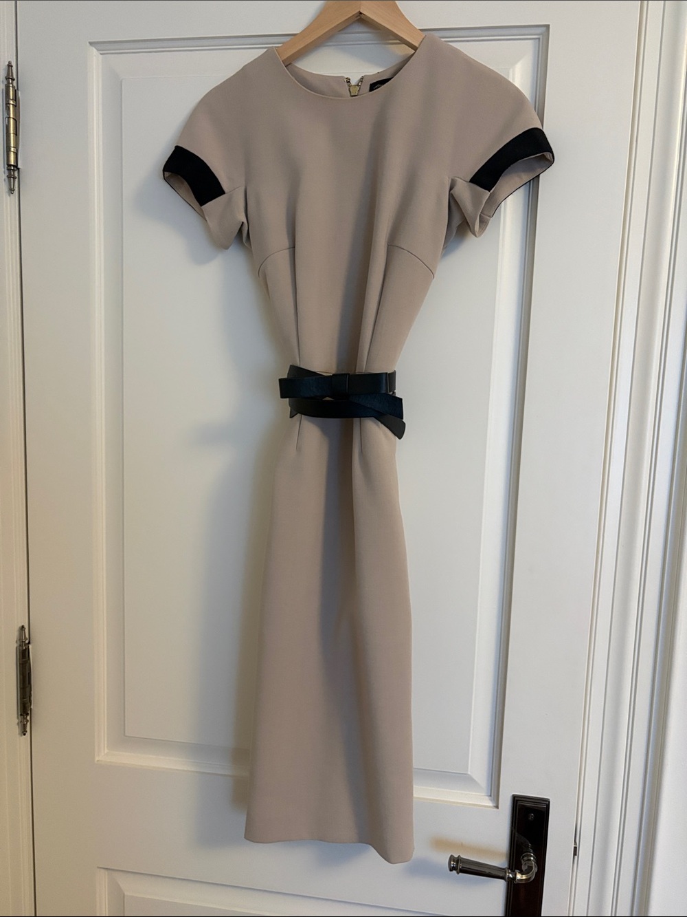 Taupe Midi Sheath Dress with Black Trim and Belt